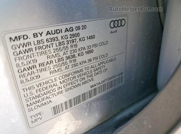 WA1AJAF72MD014339 2021 AUDI Q7 Серебряный Панорамный вид салона 360°