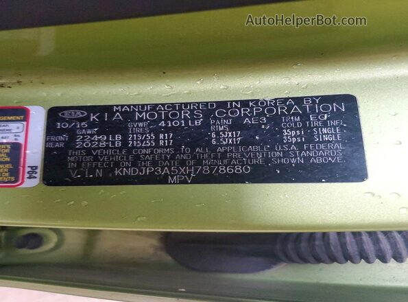 KNDJP3A5XH7878680 2017 KIA SOUL Зеленый Вид наклейки с VIN-кодом