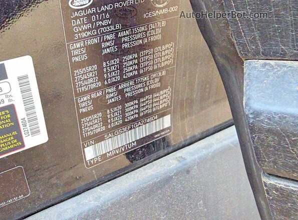 SALGS3EF1GA274604 2016 LAND ROVER RANGE Black Вид задньої частини салону