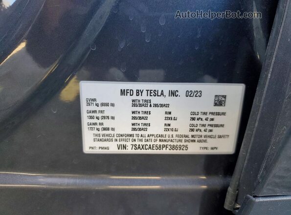 7SAXCAE58PF386925 2023 TESLA MODEL Серый Вид наклейки с VIN-кодом