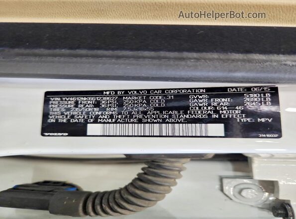 YV4612NK6G1238627 2016 VOLVO XC70 Белый Вид наклейки с VIN-кодом