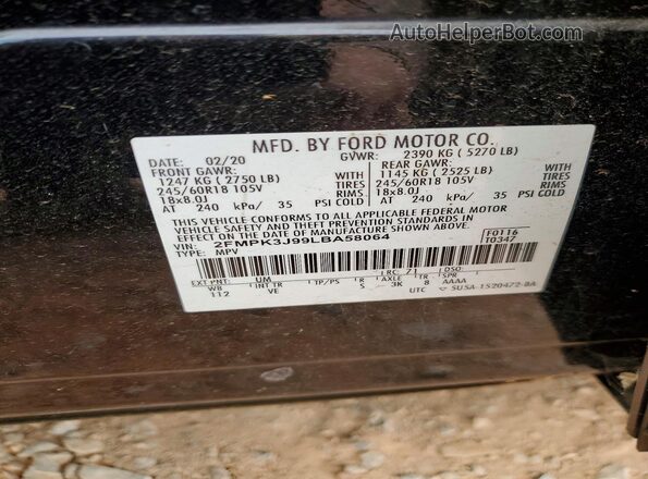 2FMPK3J99LBA58064 2020 FORD EDGE Черный Панорамный вид салона 360°