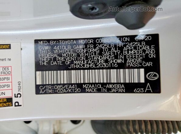 JTHX3JBH5L2030116 2020 LEXUS UX White VIN sticker view