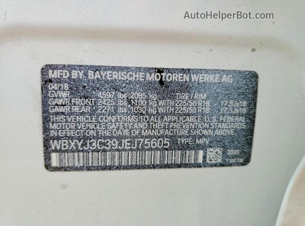 WBXYJ3C39JEJ75605 2018 BMW X2 White Widok naklejki z numerem VIN