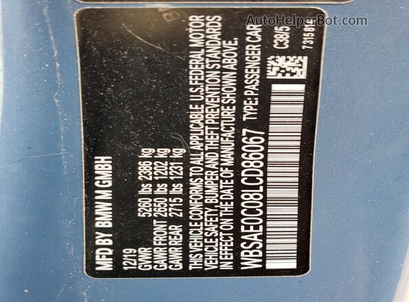 WBSAE0C08LCD86067 2020 BMW M8 Синий Вид наклейки с VIN-кодом