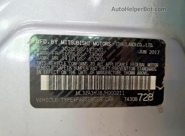 ML32A3HJ8JH000211 2018 MITSUBISHI MIRAGE Серебряный Вид наклейки с VIN-кодом