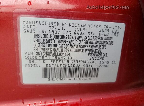 3N1CN8EV6LL804184 2020 NISSAN VERSA Красный Вид наклейки с VIN-кодом