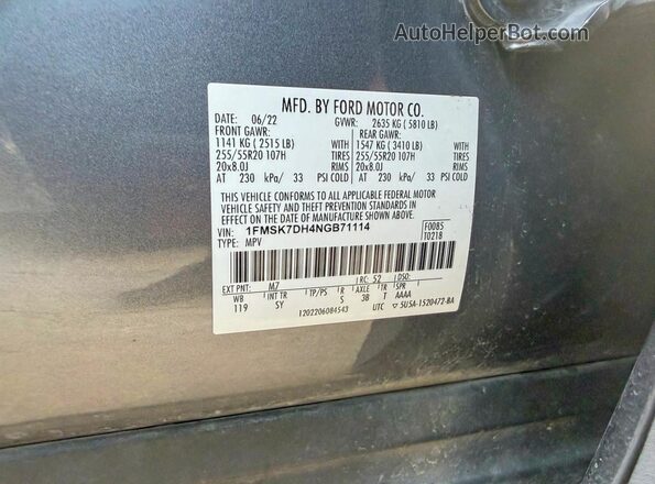 1FMSK7DH4NGB71114 2022 FORD EXPLORER Серый Вид задней части салона