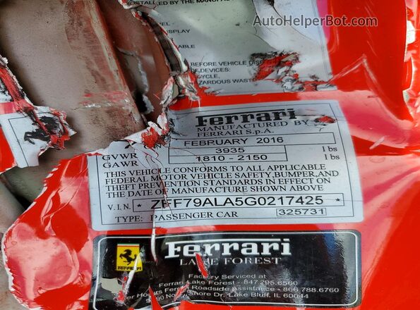 ZFF79ALA5G0217425 2016 FERRARI ALL OTHER Red VIN კოდის სტიკერის ხედი