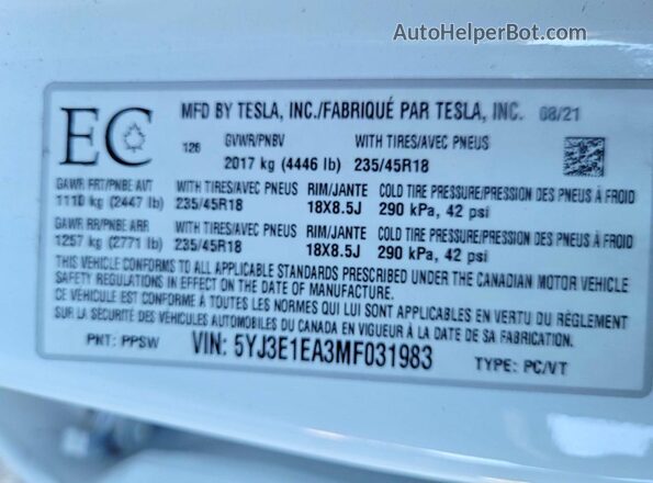 5YJ3E1EA3MF031983 2021 TESLA MODEL Белый Вид задней части салона