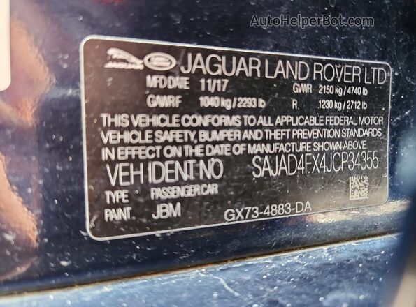 SAJAD4FX4JCP34355 2018 JAGUAR XF Blue Vista de la etiqueta del VIN
