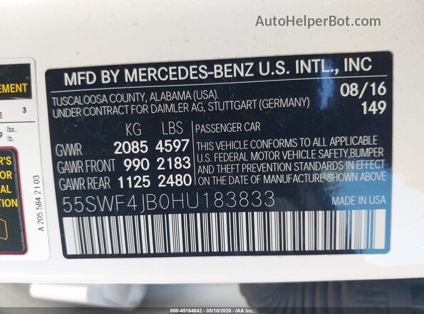 55SWF4JB0HU183833 2017 MERCEDES-BENZ C White Widok komory silnika