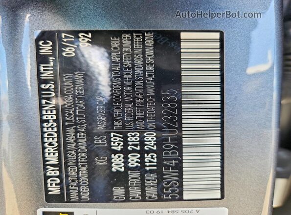55SWF4JB9HU232835 2017 MERCEDES-BENZ C Gray Շարժիչի բաժամունքի տեսք