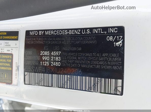 55SWF4JBXJU240206 2018 MERCEDES-BENZ C-CLASS White Widok komory silnika