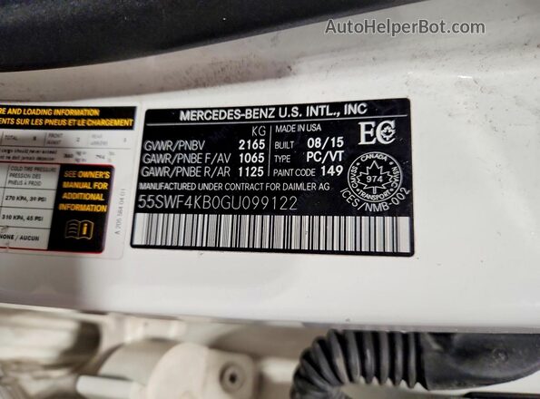 55SWF4KB0GU099122 2016 MERCEDES-BENZ C Белый Вид наклейки с VIN-кодом