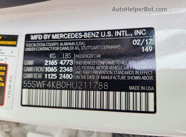 55SWF4KB0HU211788 2017 MERCEDES-BENZ C White ძრავის განყოფილების ხედი