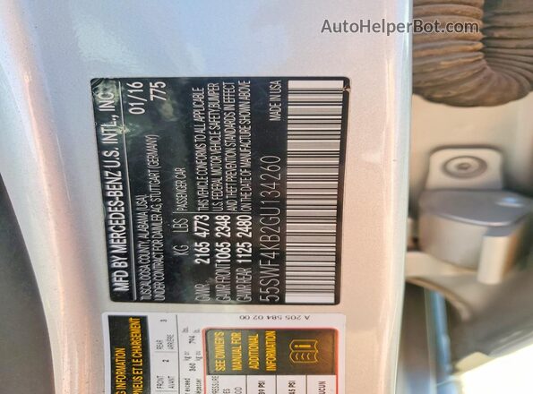 55SWF4KB2GU134260 2016 MERCEDES-BENZ C Silver Вид наклейки з VIN-кодом