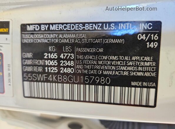 55SWF4KB8GU157980 2016 MERCEDES-BENZ C White Вид підкапотного простору
