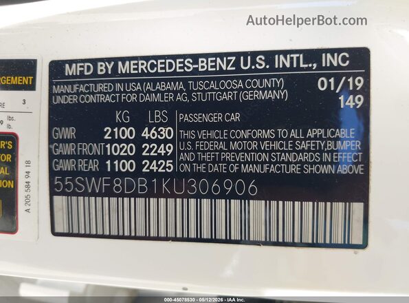 55SWF8DB1KU306906 2019 MERCEDES-BENZ C-CLASS White Vista del compartimento del motor