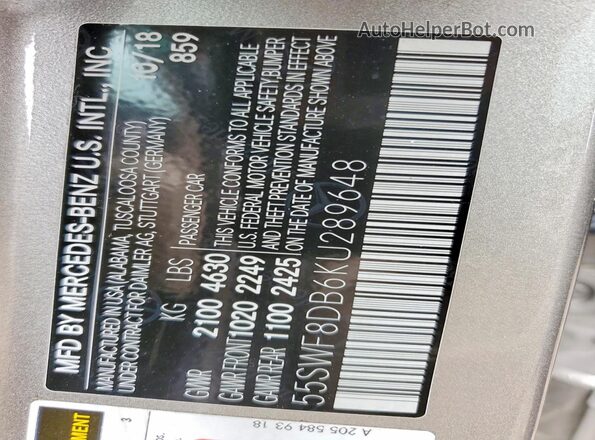 55SWF8DB6KU289648 2019 MERCEDES-BENZ C Silver Widok komory silnika