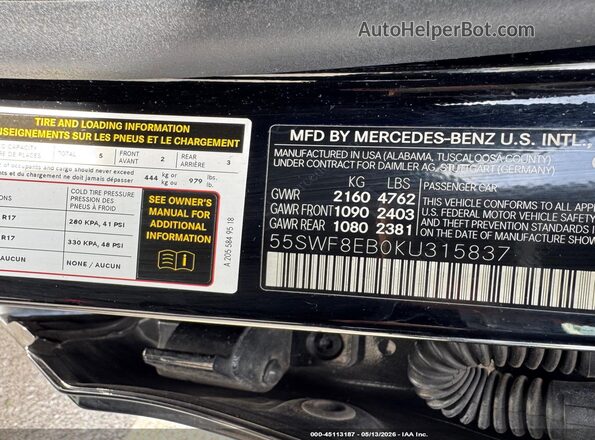 55SWF8EB0KU315837 2019 MERCEDES-BENZ C-CLASS Black Շարժիչի բաժամունքի տեսք