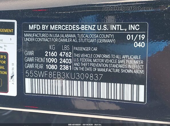 55SWF8EB3KU309837 2019 MERCEDES-BENZ C-CLASS Black Engine compartment view