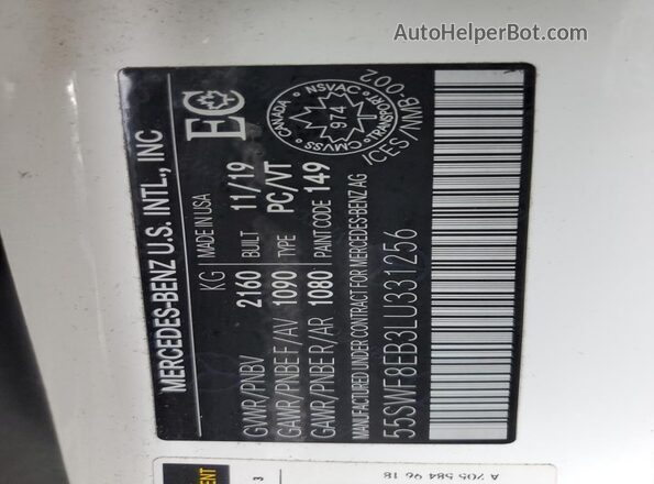 55SWF8EB3LU331256 2020 MERCEDES-BENZ C White Widok naklejki z numerem VIN