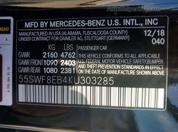 55SWF8EB4KU303285 2019 MERCEDES-BENZ C Black VIN կոդի պիտակի տեսք