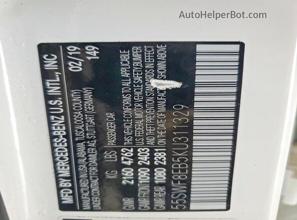 55SWF8EB5KU311329 2019 MERCEDES-BENZ C White VIN კოდის სტიკერის ხედი