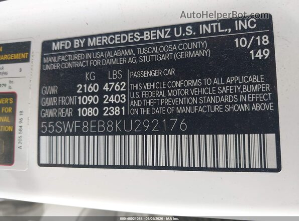 55SWF8EB8KU292176 2019 MERCEDES-BENZ C-CLASS White Widok komory silnika
