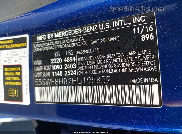 55SWF8HB2HU195852 2017 MERCEDES-BENZ AMG C 63 Blue Vista del compartimento del motor