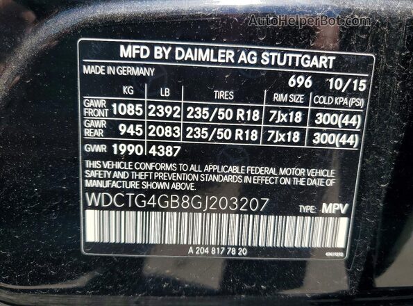 WDCTG4GB8GJ203207 2016 MERCEDES-BENZ GLA Черный Вид наклейки с VIN-кодом
