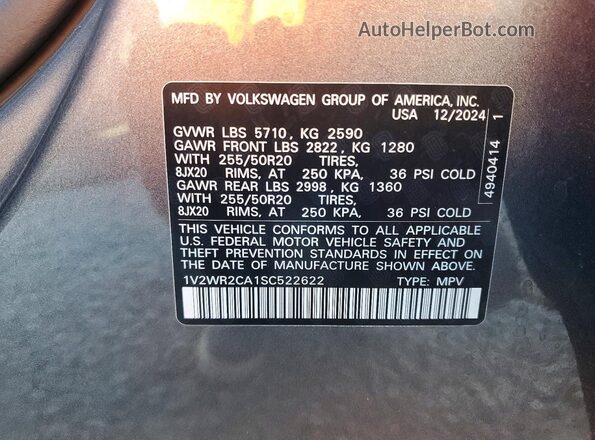 1V2WR2CA1SC522622 2025 VOLKSWAGEN ATLAS Gray Widok wnętrza 360 stopni