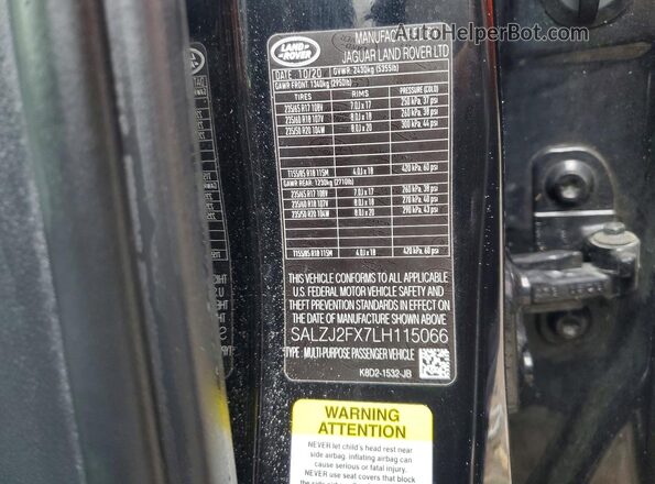 SALZJ2FX7LH115066 2020 LAND ROVER RANGE Black Вид наклейки з VIN-кодом