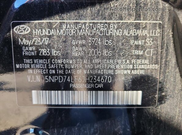 5NPD74LF6JH234670 2018 HYUNDAI ELANTRA Черный Вид подкапотного пространства