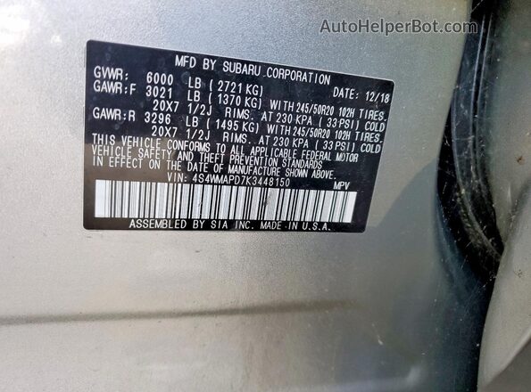 4S4WMAPD7K3448150 2019 SUBARU ASCENT Серебряный Вид наклейки с VIN-кодом