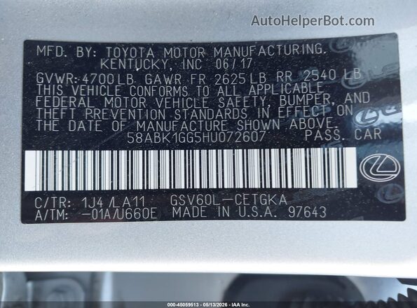 58ABK1GG5HU072607 2017 LEXUS ES 350 Silver Engine compartment view