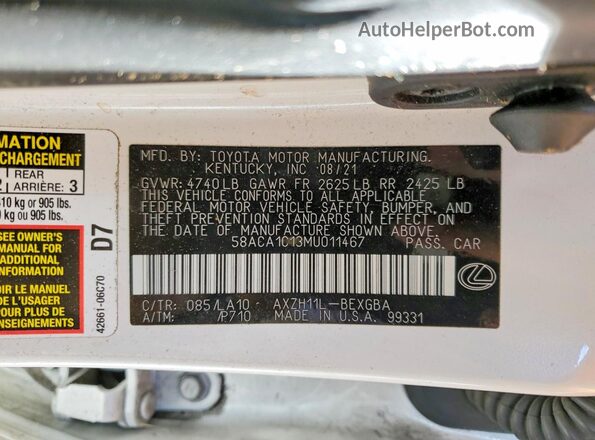 58ACA1C13MU011467 2021 LEXUS ES Белый Вид наклейки с VIN-кодом