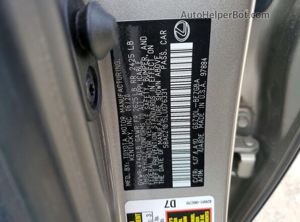 58ACZ1B15LU076331 2020 LEXUS ES Gold Widok naklejki z numerem VIN