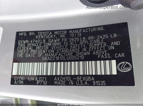 58AD21B10LU005210 2020 LEXUS ES 300H Silver Widok komory silnika