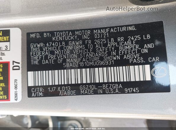 58ADZ1B10MU096931 2021 LEXUS ES 350 Silver Շարժիչի բաժամունքի տեսք
