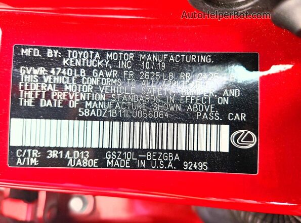 58ADZ1B11LU056064 2020 LEXUS ES Красный Вид наклейки с VIN-кодом