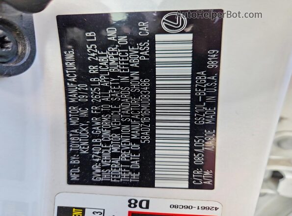 58ADZ1B16MU083486 2021 LEXUS ES Белый Вид подкапотного пространства