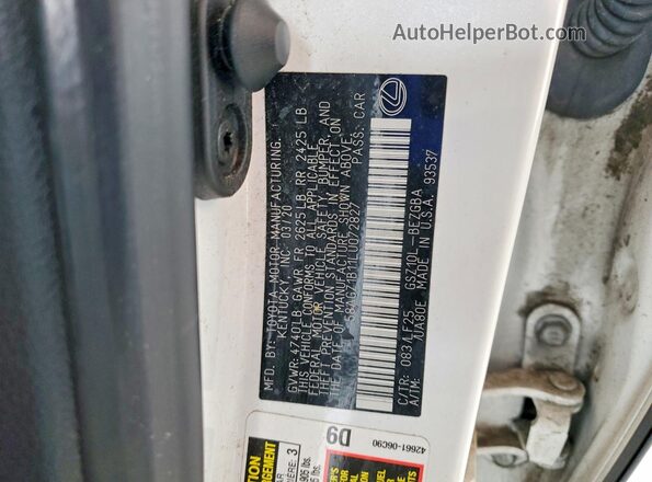 58AGZ1B11LU072827 2020 LEXUS ES White Widok komory silnika