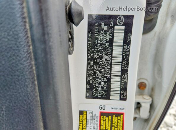 58AGZ1B14LU053382 2020 LEXUS ES Белый Вид подкапотного пространства