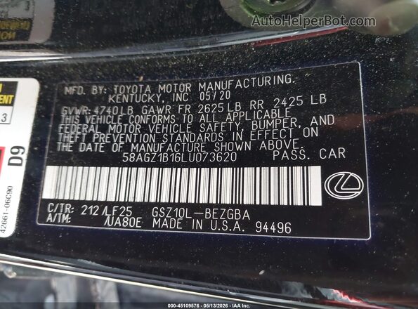 58AGZ1B16LU073620 2020 LEXUS ES 350 Черный Вид подкапотного пространства