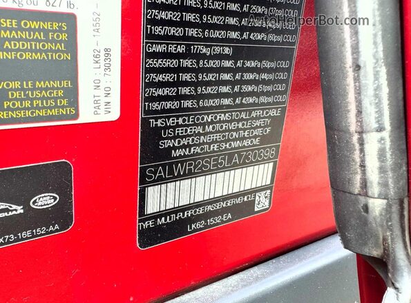 SALWR2SE5LA730398 2020 LAND ROVER RANGE ROVER Red Rear interior view