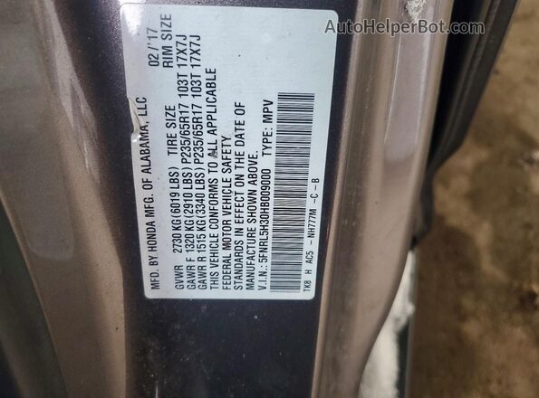 5FNRL5H30HB009000 2017 HONDA ODYSSEY Серый Вид наклейки с VIN-кодом
