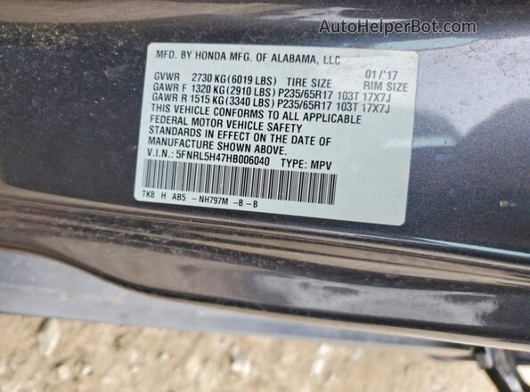 5FNRL5H47HB006040 2017 HONDA ODYSSEY Gray VIN კოდის სტიკერის ხედი