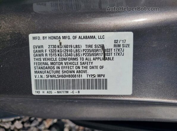 5FNRL5H60HB008181 2017 HONDA ODYSSEY Gray Widok komory silnika